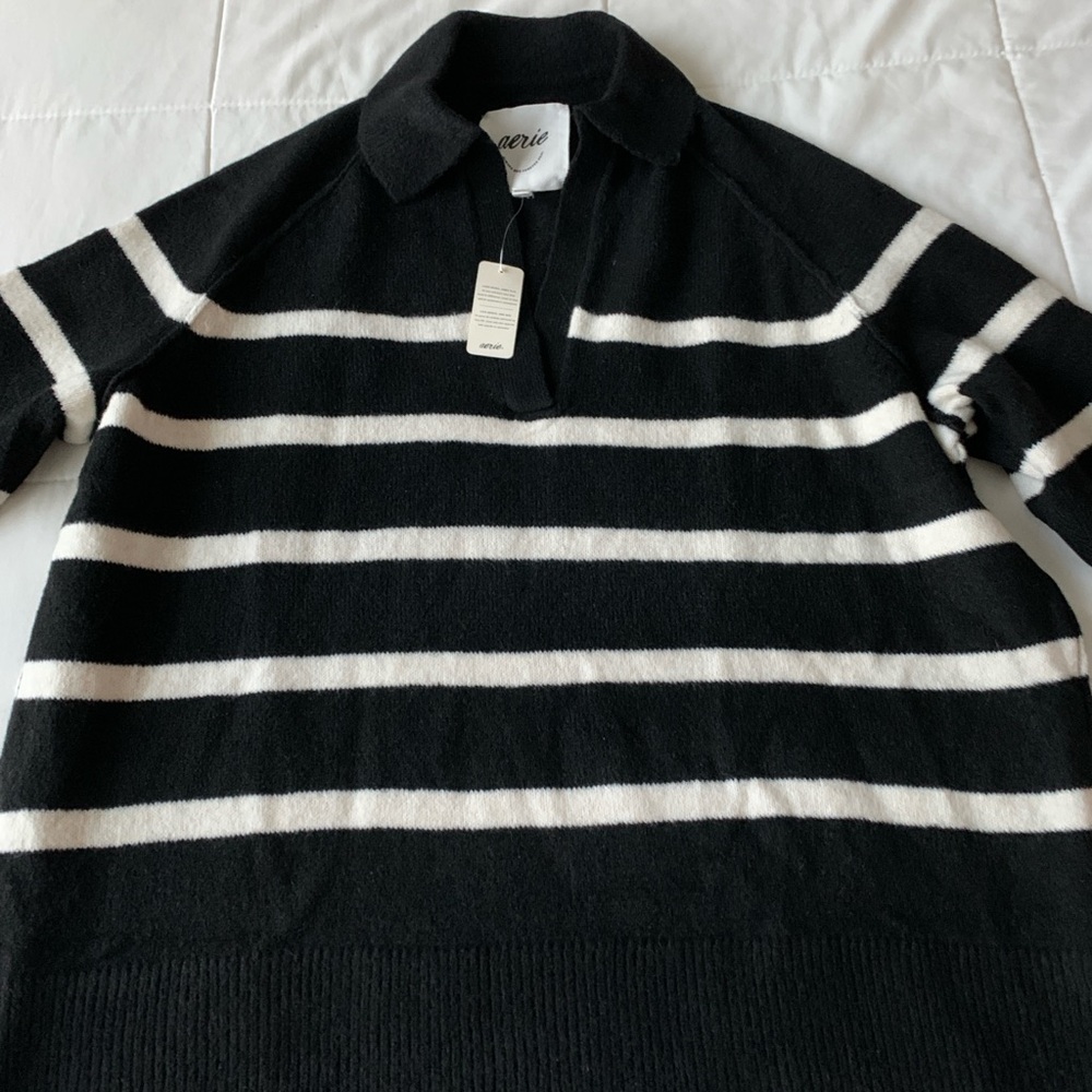 Aerie Unreal Polo Sweater Oversized Size XXS Black & White New With Tags - Picture 5 of 10